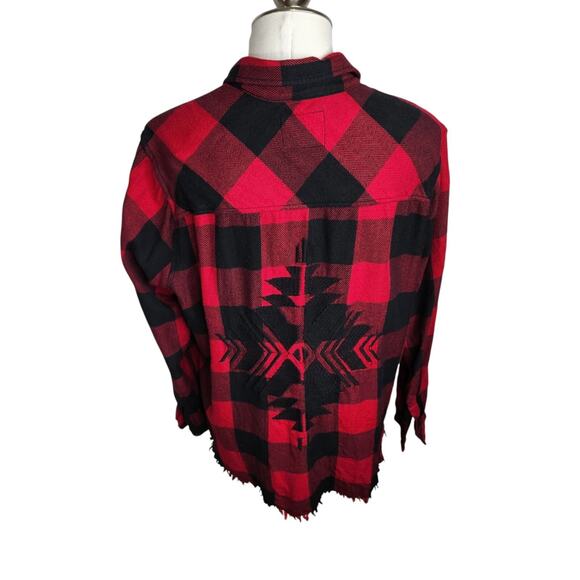Rails Larsson Plaid Shirt Womens Size Large Crimson Jet Embroidered Frayed - Picture 7 of 16